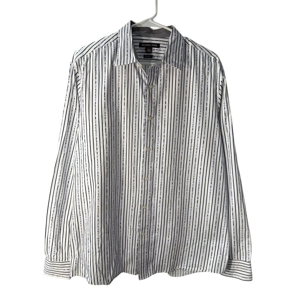 Michael Kors Classic Fit XL White & Navy Striped 100% Cotton Button-Up Shirt EUC
